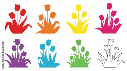 Collection of colorful stylized tulip flower icons with outline version and grass elements