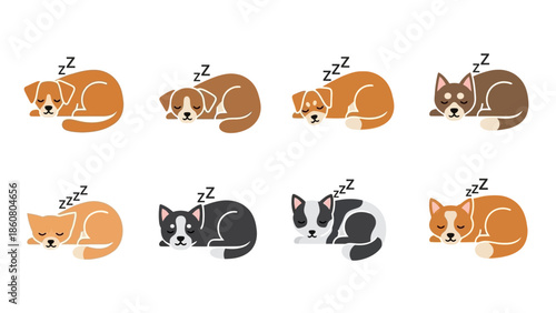 collection of cute sleeping cartoon dogs and cats in a simple flat design illustration