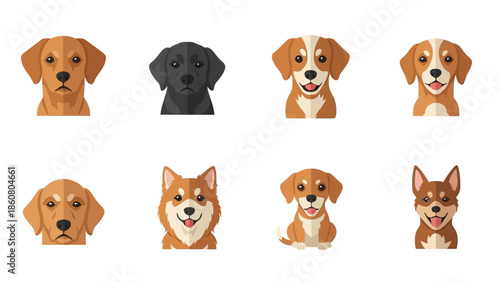 Collection of cute dog portraits in flat design style for diverse breeds