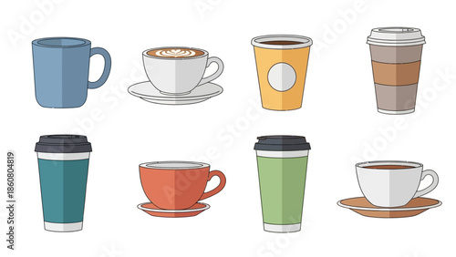 Collection of diverse coffee cups and to-go coffee cups in various colors and styles
