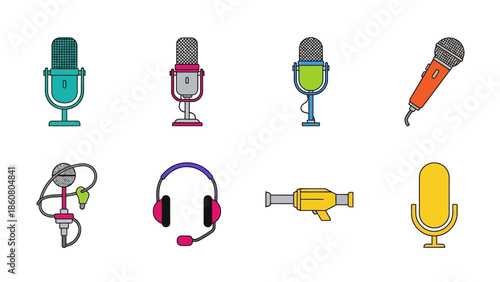 Collection of Diverse Microphones and Audio Recording Equipment Icons Vector Art