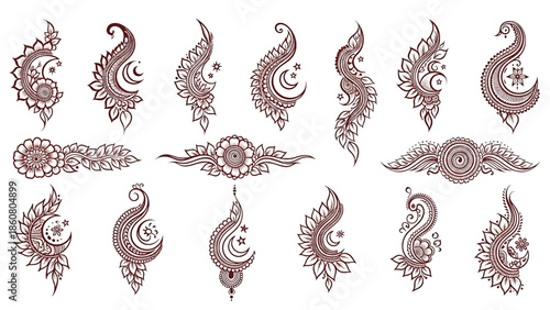 Karwa Chauth 2025 mehndi design vector transparent background. Arabic floral mandala moon peacock henna patterns isolated elements traditional festival illustration set.