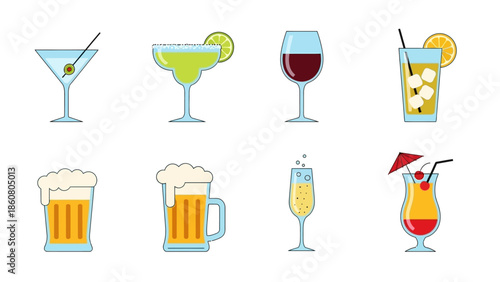 Collection of eight vector illustrations of various alcoholic and non-alcoholic drinks on a white