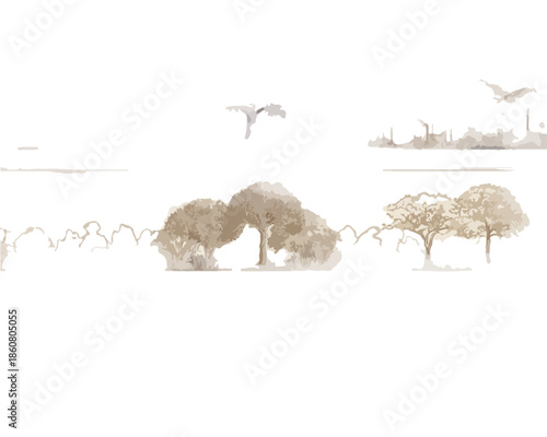 Ilustração transparente em aquarela de paisagem com árvores, pássaros voando e silhueta de cidade ao longe, evocando serenidade e arte.