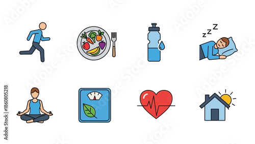 Collection of Health and Wellness Icons Representing Healthy Lifestyle Choices