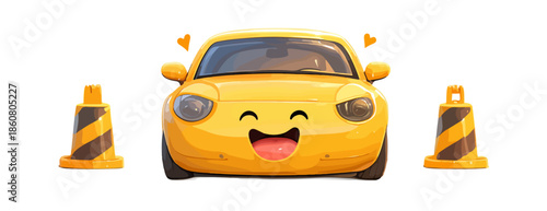 Carro amarelo de desenho animado com rosto feliz e cones de tráfego, renderização 3D divertida e isolada, perfeito para fundo transparente.