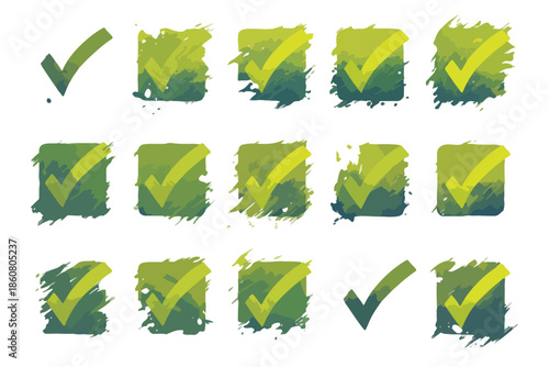 Conjunto de marcas de verificação em estilo aquarela grunge verde lima, ideais para design gráfico, web e interfaces de usuário, com fundo transparente.