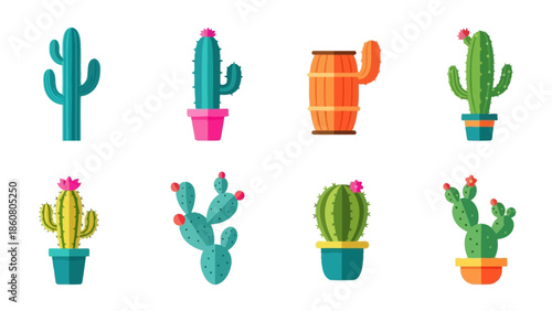 Collection of illustrated cacti in various shapes and sizes in vibrant colors for design projects