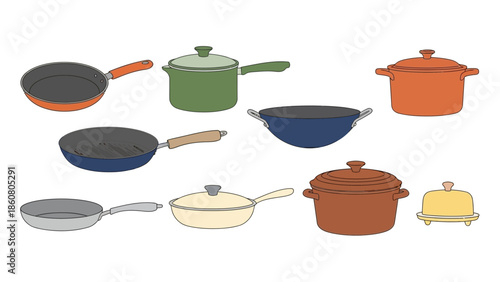 Collection of kitchen cookware and utensils for cooking delicious meals and recipes