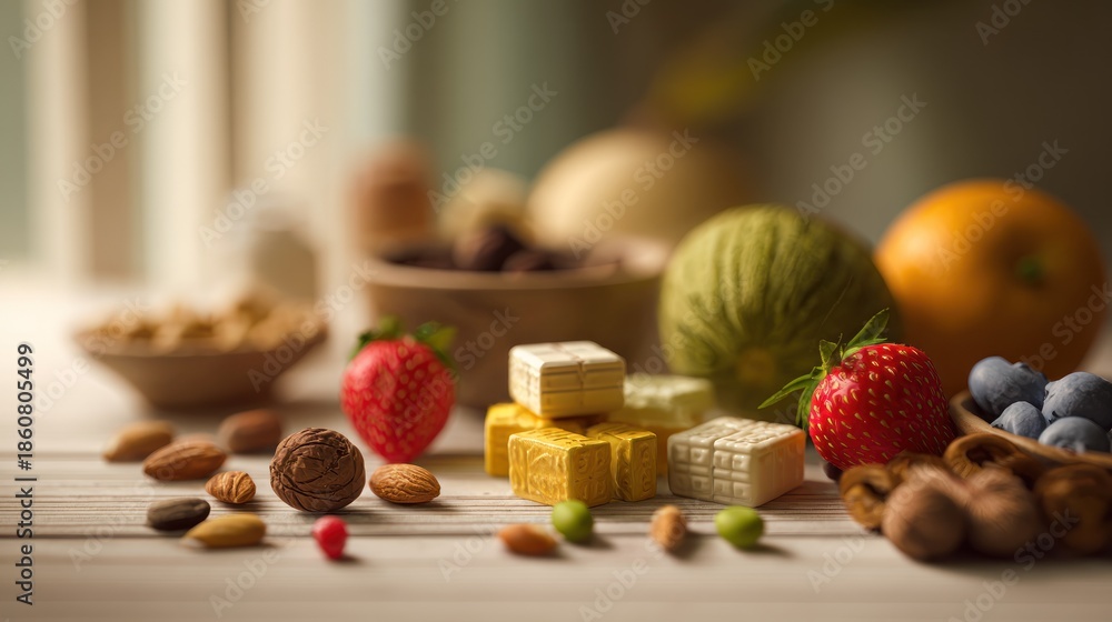Fototapeta premium Still life composition featuring an array of assorted fruits, nuts, and sweets