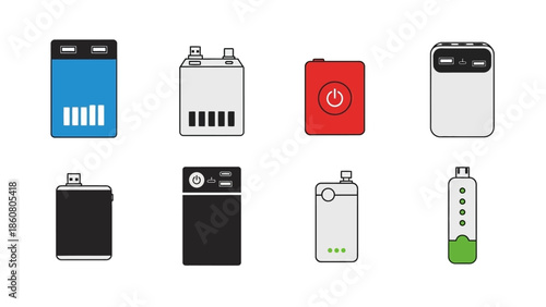 Collection of portable power banks and electronic gadgets for mobile charging and power backup