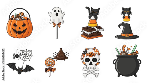 Collection of playful and spooky halloween icons for holiday celebrations and decorations