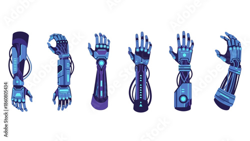 collection of robotic arms and prosthetic hands for futuristic technology concepts