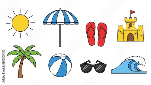 Collection of simple cartoon illustrations representing a vibrant beach scene and vacation