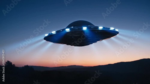 Wallpaper Mural Mysterious UFO Hovering Over Mountains at Sunset, Alien Encounter Concept. Torontodigital.ca