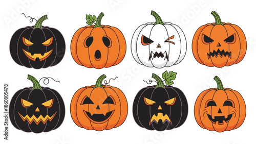 Collection of Spooky and Happy Halloween Jack-o'-lantern Pumpkin Faces for Decorations and