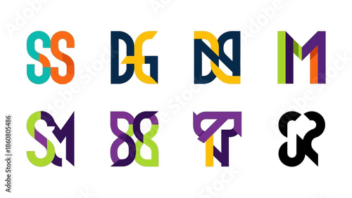 Collection of stylized abstract letters and symbols with vibrant colors and modern design elements