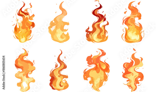 Conjunto de chamas de fogo estilizadas e transparentes em ilustrações vetoriais vibrantes, ideais para efeitos gráficos digitais e design.