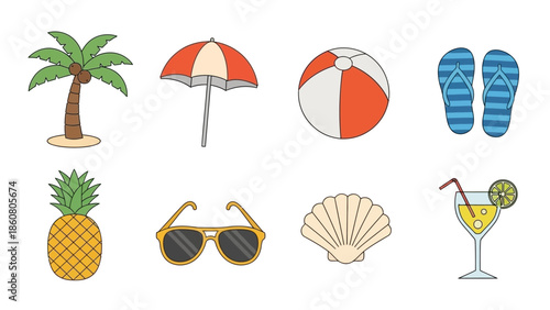 Collection of summer vacation icons including palm tree umbrella beach ball flip flops pineapple