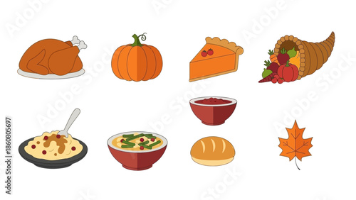 Collection of Thanksgiving food icons and symbols including turkey, pie, and pumpkin