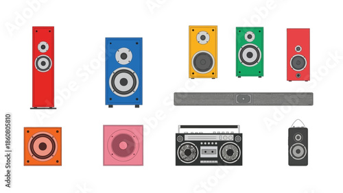 collection of vibrant colorful modern audio sound speakers and boombox on white background