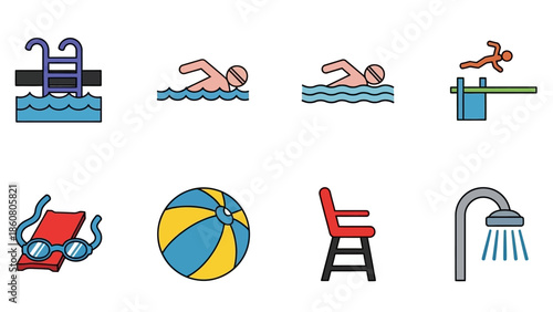 Collection of vibrant flat design icons representing swimming pool activities and equipment