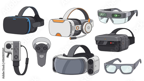 Collection of virtual reality headsets augmented reality glasses and controllers for immersive