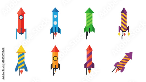Collection of vibrant, flat design cartoon rockets ready for launch celebrating fun and imagination