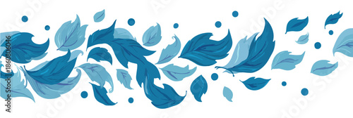 Padrão decorativo de folhas azuis e bolhas flutuando em um fundo transparente, criando uma borda orgânica e leve.