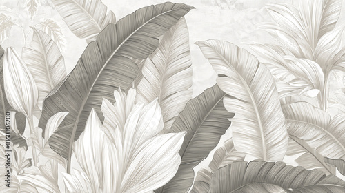 Pale gray wallpaper with botanical line art featuring large tropical leaves in soft neutral tones creating gentle and elegant architectural pattern for interior decor