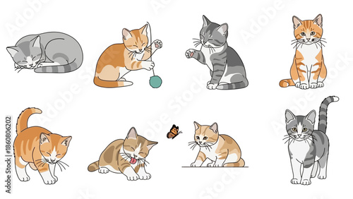 Diverse Cartoon Kitten Illustrations Showcasing Playful Activities and Poses