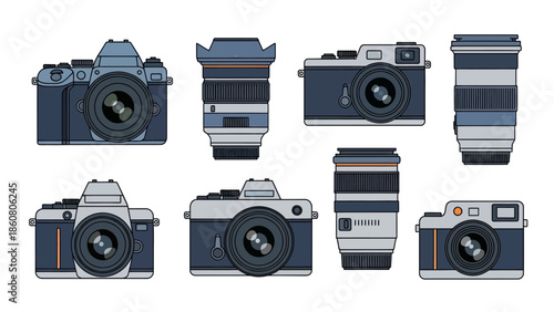 Diverse collection of vintage and modern cameras with lenses in a clean graphic style