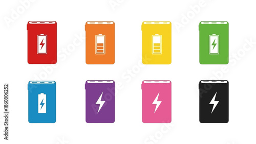 Diverse Color Power Bank Icons Representing Battery Charge Levels and Energy