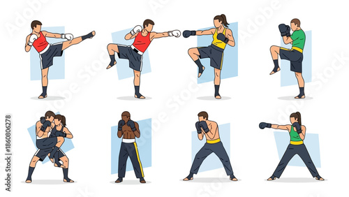 Diverse group of diverse kickboxers performing various martial arts moves and poses