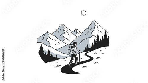 Illustrative hiker with backpack and poles walking on a winding path through snowy mountains