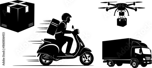 Logistics and Delivery Service Silhouette Icons. Courier, Drone and Shipping Package Symbols. Professional Shipping Black Vector isolated on White.