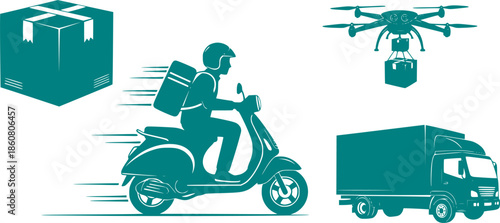 Logistics and Delivery Service Silhouette Icons. Courier, Drone and Shipping Package Symbols. Professional Shipping Black Vector isolated on White.