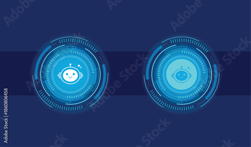Glowing AI robot chatbot icons in futuristic technology interface button for artificial intelligence, technology, automation, innovation, computing, assistant design illustration