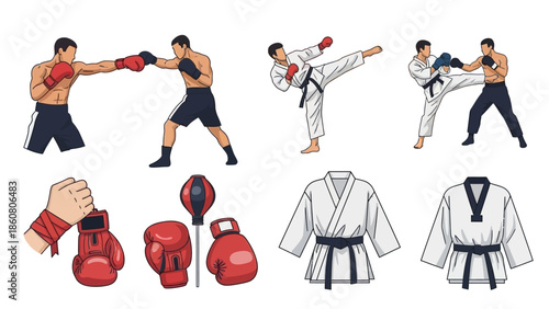 Martial Arts and Combat Sports Icons Featuring Boxers Karateka and Gear