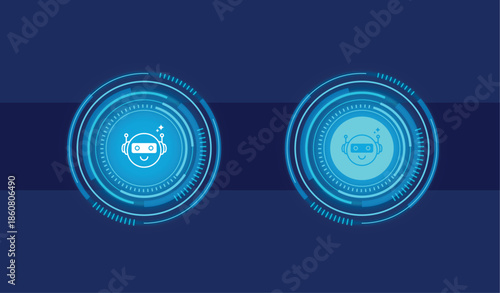 Neon AI chatbot robot interface buttons icons element for artificial intelligence, virtual assistant, technology, digital customer service, automation, machine learning, communication design