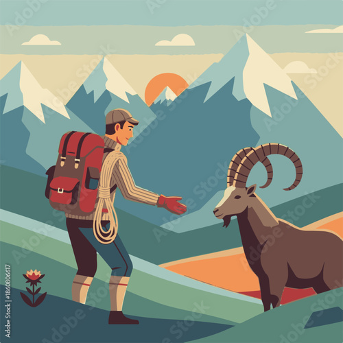 A cartoon illustration of a happy man and dog walking through a desert landscape under a blue sky with mountains and clouds