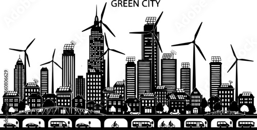 Sustainable Green City Silhouette with Renewable Energy. Eco Friendly Urban Skyline with Wind Turbines and Solar Panels. Isolated Black Vector.