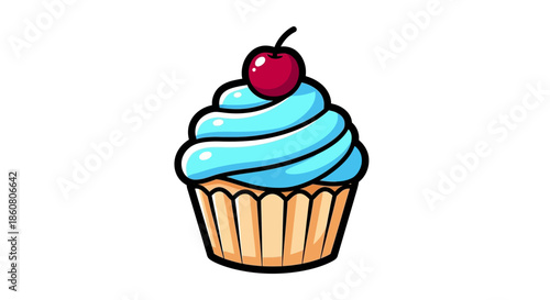 Delicious Cupcake with Blue Frosting and Cherry Topping Illustration.