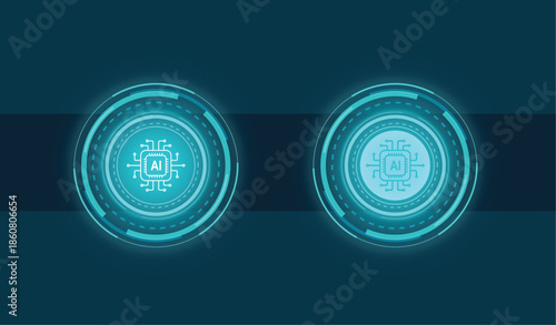 Glowing circular AI processor chip interface button icons represent computing, futuristic, technology, artificial intelligence, circuit, computing, machine learning, data, deep learning design