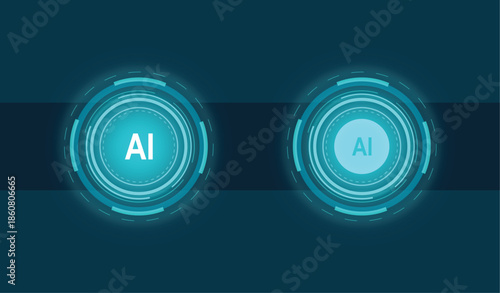 Glowing AI futuristic interface icon buttons element representing digital innovation, machine learning, data, computing, network, sci fi, cyberspace, engineering design
