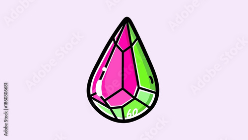 Stylized Gemstone with Pink and Green Facets on White Background.