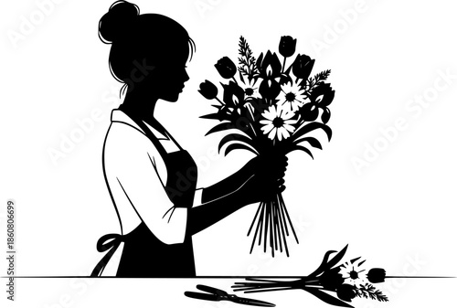 Florist Woman Bouquet Decoration Silhouette. Beautiful Flower Shop Owner with Botanical Plants. Isolated Black Vector Illustration for Business.