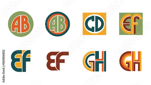 Set of stylized letters and logos in various shapes and color combinations