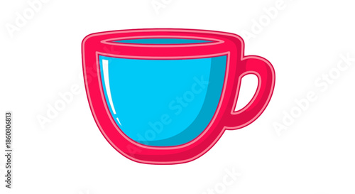 Cartoon-style teacup with blue liquid and pink outline, isolated.
