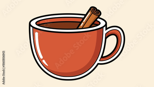 Illustration of a red mug filled with a dark liquid and a cinnamon stick.